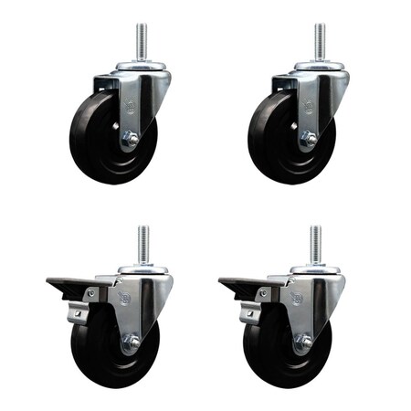 Service Caster 4 Inch Hard Rubber Wheel Swivel 58 Inch Threaded Stem Caster Set 2 Brakes SCC SCC-TS20S414-HRS-58212-2-PLB-2